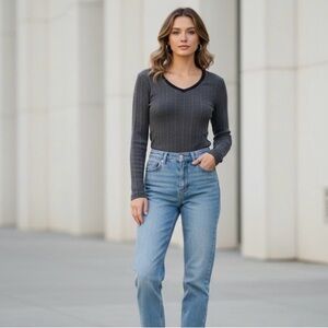 Garage V-Neck Cropped Fit Ribbed Long Sleeve Tee Medium True Vintage Blue Y2K